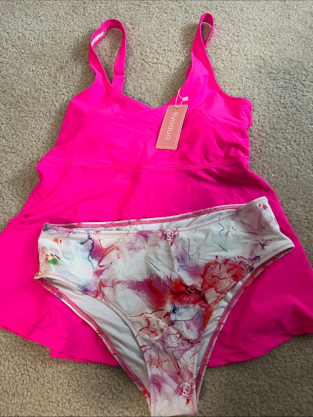 Pink Women's Tankini Swim Set with Printed Bikini Bottom
